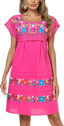 Women Embroidered Mexican Peasent Lace Short Sleeves Dress