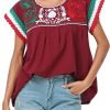 Women Mexican Embroidered Lace Traditional Colorful Blouse Tricolor Top Mexican Independence Day Shirt