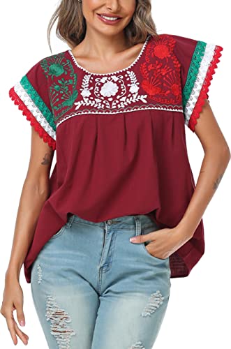 Women Mexican Embroidered Lace Traditional Colorful Blouse Tricolor Top Mexican Independence Day Shirt