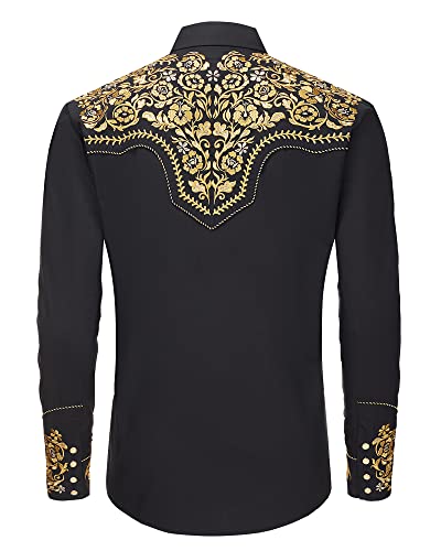 Western Embroidered Cowboy Shirts for Men, Casual Button Down Long Sleeve Shirt with Floral Design