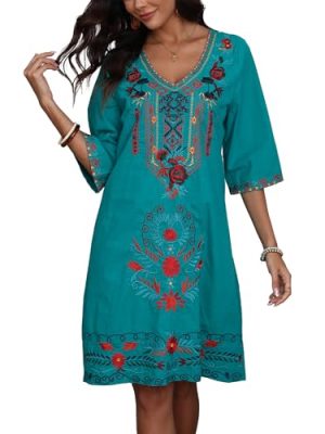 Women’s Embroidered Mexican Fiesta Dress Plus Size Traditional Floral Boho Dresses for Women Peasant Hippie Outfit