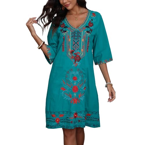 Women’s Embroidered Mexican Fiesta Dress Plus Size Traditional Floral Boho Dresses for Women Peasant Hippie Outfit