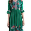 Women's Short Sleeve Mexican Embroidered Floral Pleated Midi A-line Cocktail Dress