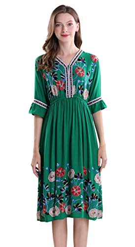 Women's Short Sleeve Mexican Embroidered Floral Pleated Midi A-line Cocktail Dress
