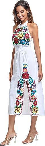 Women's Mexican Floral Embroidered Halter Neck Split Sleeveless Ruffle Party Long Dresses