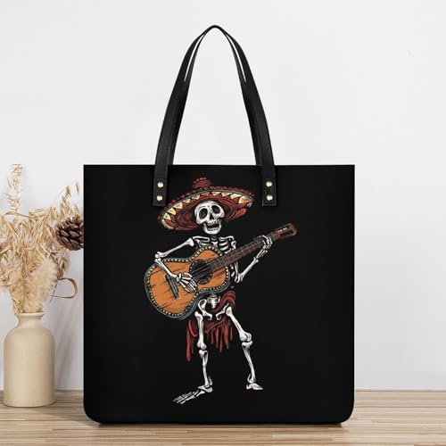 Mexican Skeleton Musician Printed Tote Bag for Women Fashion Handbag with Top Handles Shopping Bags for Work Travel