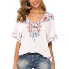 Women's Summer V Neck Boho Embroidered Mexican Shirts Short Sleeve Casual Tops Blouse