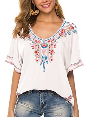Women's Summer V Neck Boho Embroidered Mexican Shirts Short Sleeve Casual Tops Blouse