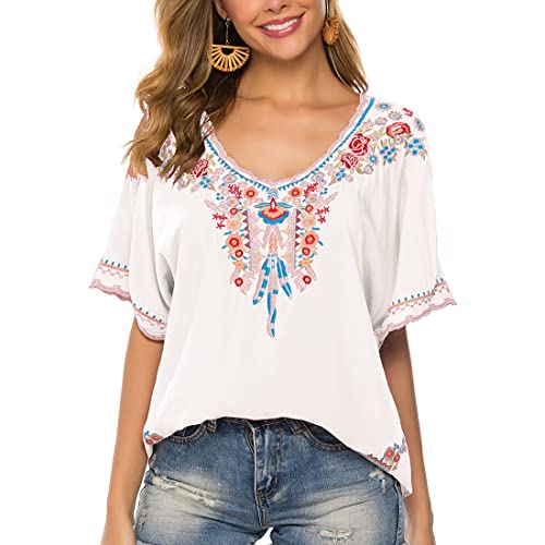 Women's Summer V Neck Boho Embroidered Mexican Shirts Short Sleeve Casual Tops Blouse