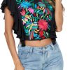 2025 Women's Embroidered Tops Boho Mexican Shirt Sexy Floral Ruffle Short Sleeve Backless Going Out Crop Tunics Top