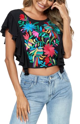 2025 Women's Embroidered Tops Boho Mexican Shirt Sexy Floral Ruffle Short Sleeve Backless Going Out Crop Tunics Top
