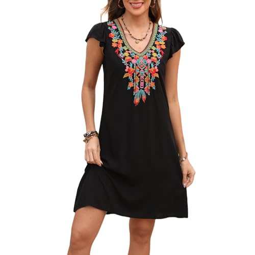 Slim Women’s Mexican Embroidered Dress Fiesta, Ruffle Sleeve Boho Dresses Sleeveless Traditional Floral Sundress