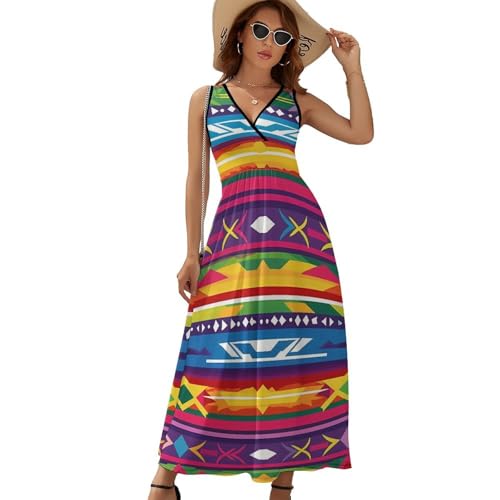 Ethnic Mexican Colorful Stripes Womens Casual Sleeveless Dress Maxi Long Beach Dress Sundress