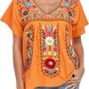 Women's Mexican V Neck Top Peasant Embroidered Blouse Traditional Summer Short Sleeve Shirt