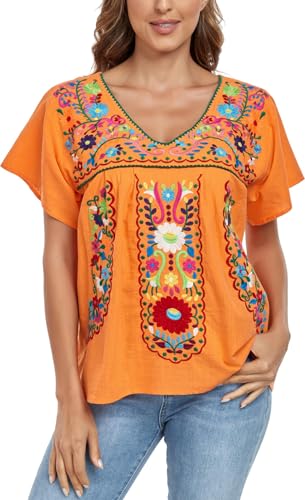 Women's Mexican V Neck Top Peasant Embroidered Blouse Traditional Summer Short Sleeve Shirt