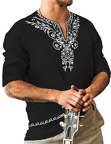 Mens Polyester Linen V Neck Henley Shirt Long Sleeve Caftan Handmade Tunic Embroidered Casual Beach T Shirts