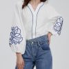 Women's Casual Floral Embroidered V Neck Blouses Boho Long Balloon Sleeve Mexican Shirts Loose Summer Fall Tops 2025