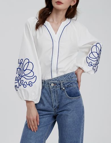 Women's Casual Floral Embroidered V Neck Blouses Boho Long Balloon Sleeve Mexican Shirts Loose Summer Fall Tops 2025