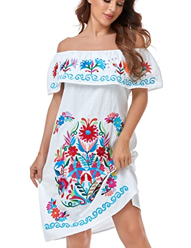 Women Mexican Embroidered Dress Ruffle Collar Sleeveless