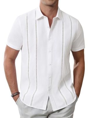 Men's Cuban Guayabera Shirts Cotton Linen Short Sleeve Button Down Shirts Casual Summer Beach Camp Shirt
