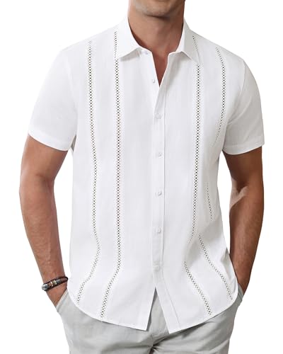 Men's Cuban Guayabera Shirts Cotton Linen Short Sleeve Button Down Shirts Casual Summer Beach Camp Shirt