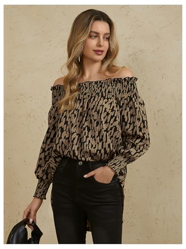 Women's Off Shoulder High Low Tunic Tops Allover Print Long Puff Sleeve Blouse