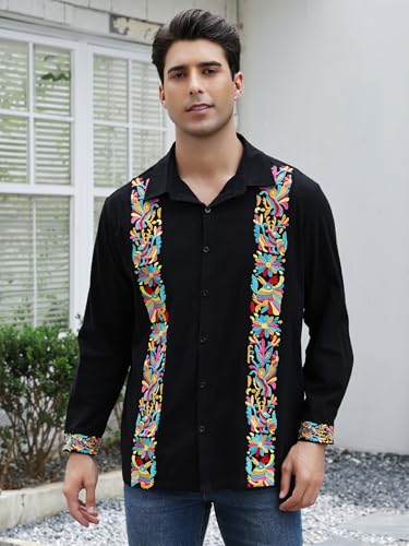 Mexican Shirts for Men Guayabera Cinco De Mayo Fiesta Traditional Embroidered Collared Button Up Long Sleeve