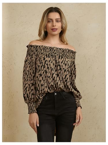 Women's Off Shoulder High Low Tunic Tops Allover Print Long Puff Sleeve Blouse