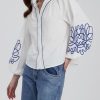 Women's Casual Floral Embroidered V Neck Blouses Boho Long Balloon Sleeve Mexican Shirts Loose Summer Fall Tops 2025