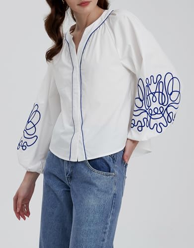 Women's Casual Floral Embroidered V Neck Blouses Boho Long Balloon Sleeve Mexican Shirts Loose Summer Fall Tops 2025