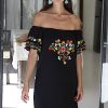 Womens Off Shoulder Long Mexican Embroidered Dress Maxi Boho Floral Summer Peasant Dress