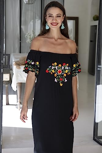 Womens Off Shoulder Long Mexican Embroidered Dress Maxi Boho Floral Summer Peasant Dress