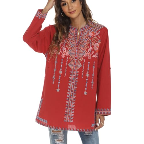 Mexican Embroidered Tops for Women Long Sleeve Shirts Bohemian Flower Peasant Tunics Clothing Boho Blouse