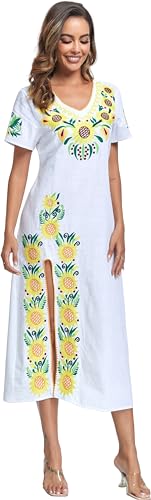 Women Mexican Embroidered Dress V Neck Sexy Maxi Short Sleeve Casual Beach Split Dress