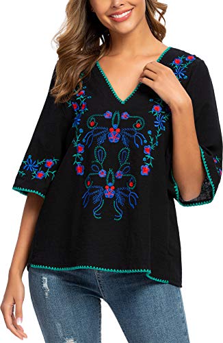 Women's Summer Peasant Blouses Boho Embroidery Mexican Bohemian Tops Shirt Tunic Blouses