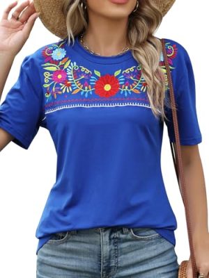 Mexican Shirts for Women Traditional Embroidered Fiesta Cinco De Mayo Tops Floral Crewneck Short Sleeve