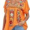 Women's Mexican V Neck Top Peasant Embroidered Blouse Traditional Summer Short Sleeve Shirt