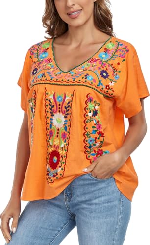 Women's Mexican V Neck Top Peasant Embroidered Blouse Traditional Summer Short Sleeve Shirt