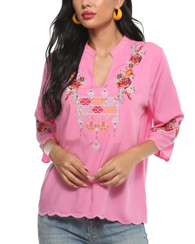 Women's V Neck Casual Summer Blouse, Boho Embroidered Mexican Peasant Tops Short Sleeve Shirts Casual Blouse Loose Tunics