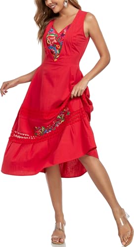 Women's Mexican Dress Floral Embroidered Casual Lace Ruffle Maxi Dress