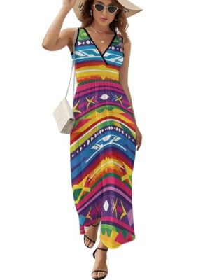 Ethnic Mexican Colorful Stripes Womens Casual Sleeveless Dress Maxi Long Beach Dress Sundress