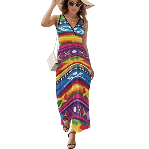 Ethnic Mexican Colorful Stripes Womens Casual Sleeveless Dress Maxi Long Beach Dress Sundress