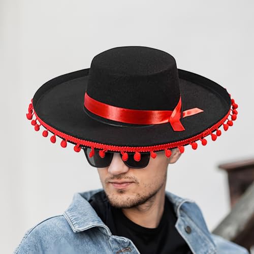 Mexican Sombrero Hat For Adult, Large Festival Sombrero Hats, Wide Brim Cosplay Costume With Pom-Poms, Mexican Party Dress Up