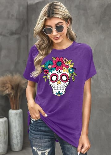 Dia De Los Muertos Shirt for Women Sugar Skull Tshirts Day of Dead T-Shirts Skull Graphic Tops
