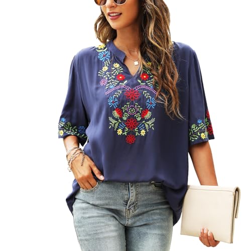 Women's Mexican Embroidered Tops Boho Floral Peasant Shirt Bohemian Traditional Clothes Fiesta Tunic Blouse