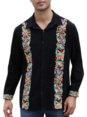 Mexican Shirts for Men Guayabera Cinco De Mayo Fiesta Traditional Embroidered Collared Button Up Long Sleeve