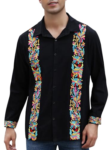 Mexican Shirts for Men Guayabera Cinco De Mayo Fiesta Traditional Embroidered Collared Button Up Long Sleeve