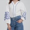 Women's Casual Floral Embroidered V Neck Blouses Boho Long Balloon Sleeve Mexican Shirts Loose Summer Fall Tops 2025