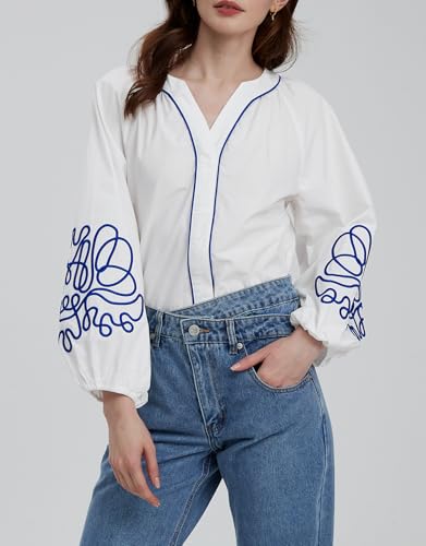 Women's Casual Floral Embroidered V Neck Blouses Boho Long Balloon Sleeve Mexican Shirts Loose Summer Fall Tops 2025