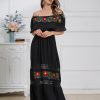 Mexican Dress for Women Floral Embroidery Maxi Off-Shoulder Ruffle Sleeveless Traditional Fiesta Dresses